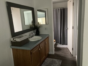 A bathroom with a sink, mirror, and shower curtain.
