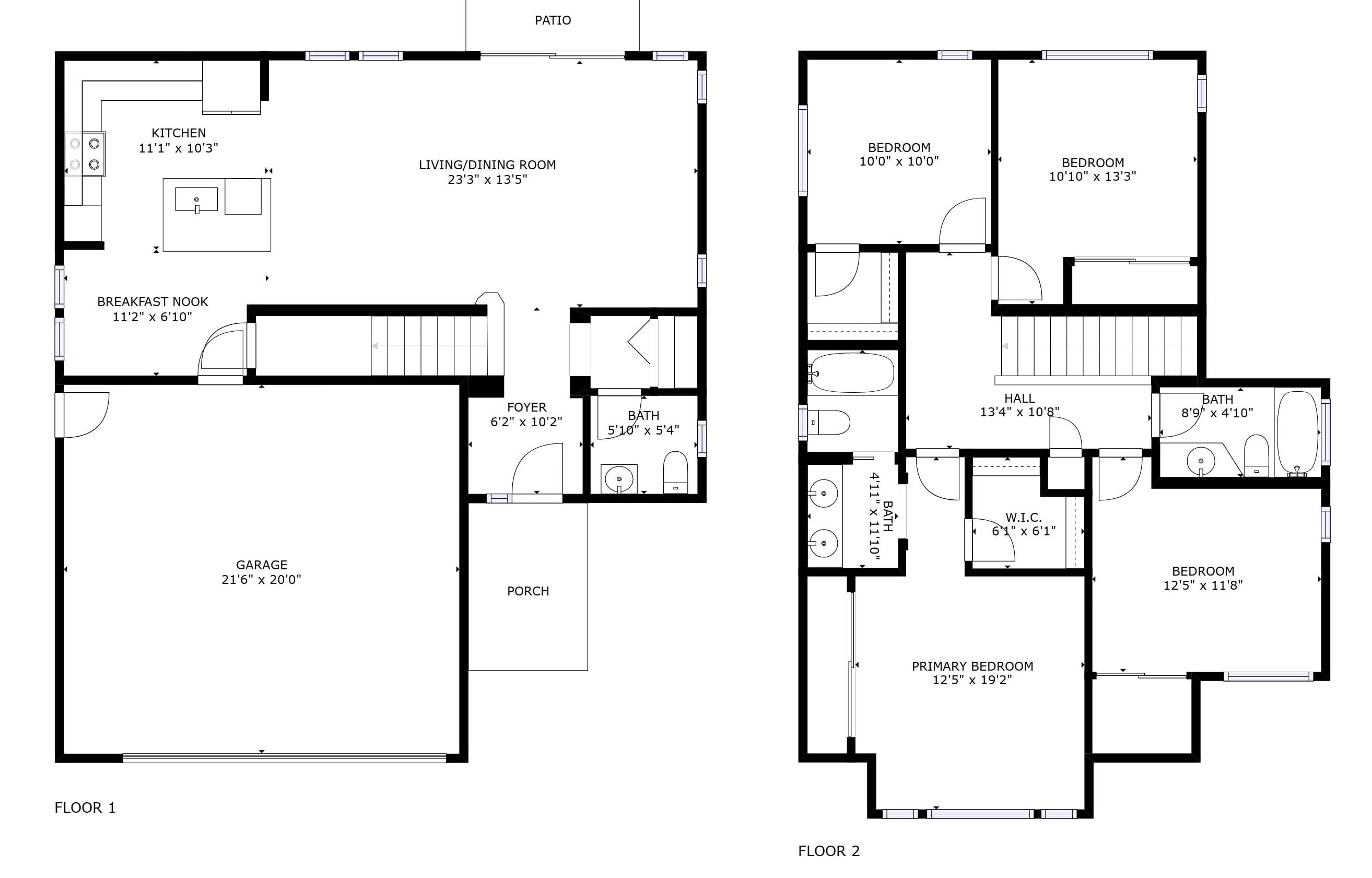 Floor plans of a two-story house with a garage, kitchen, dining room, living room, bedrooms, bathroom, foyer, and porch.