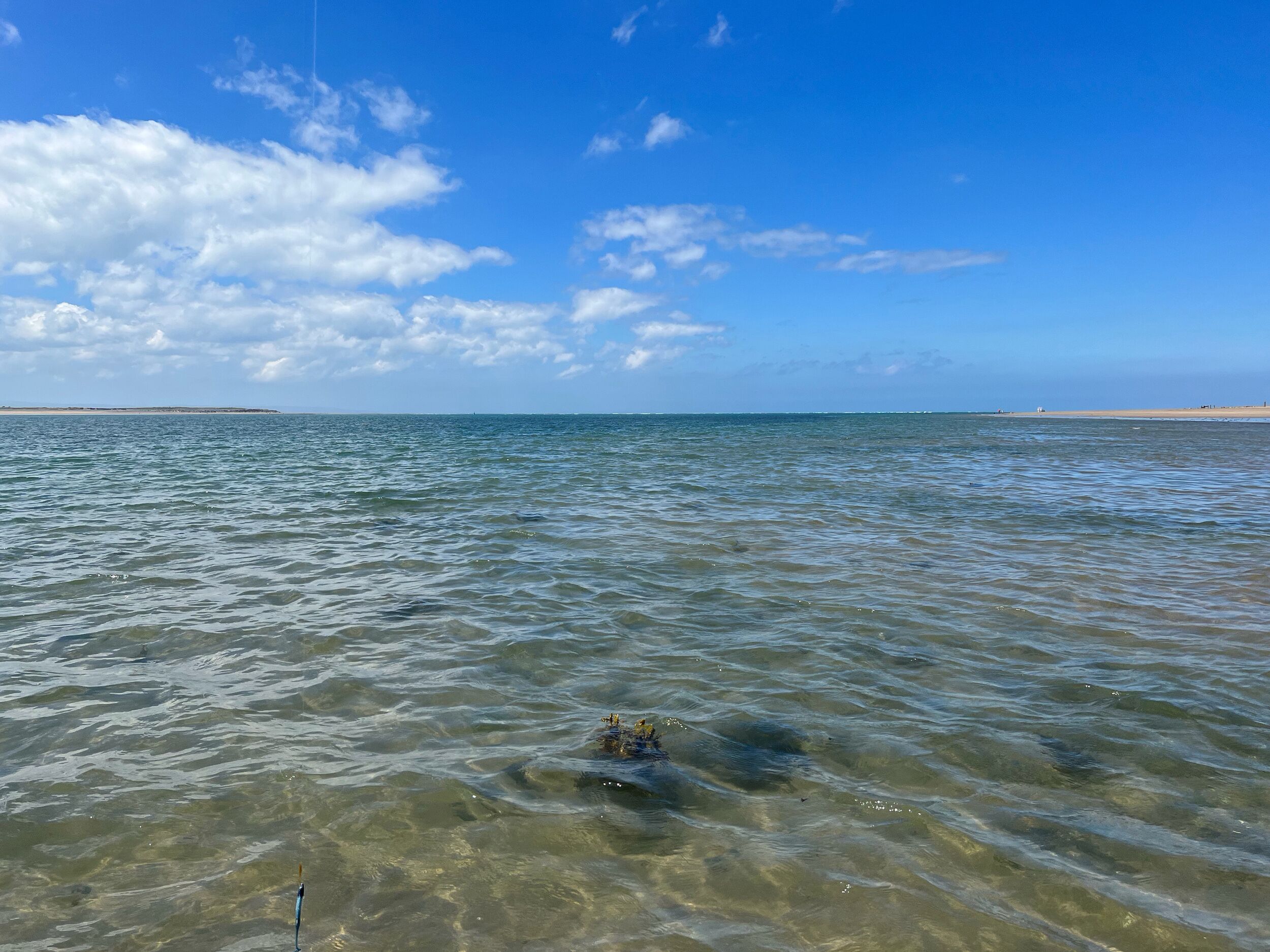 A beach with clear water and a distant shoreline.