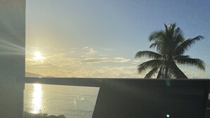 A laptop on a desk with a view of a sunset over water and a palm tree.