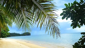 A beach with footprints, palm trees, and a clear view of the ocean. - Happy Island Inn (Virac)