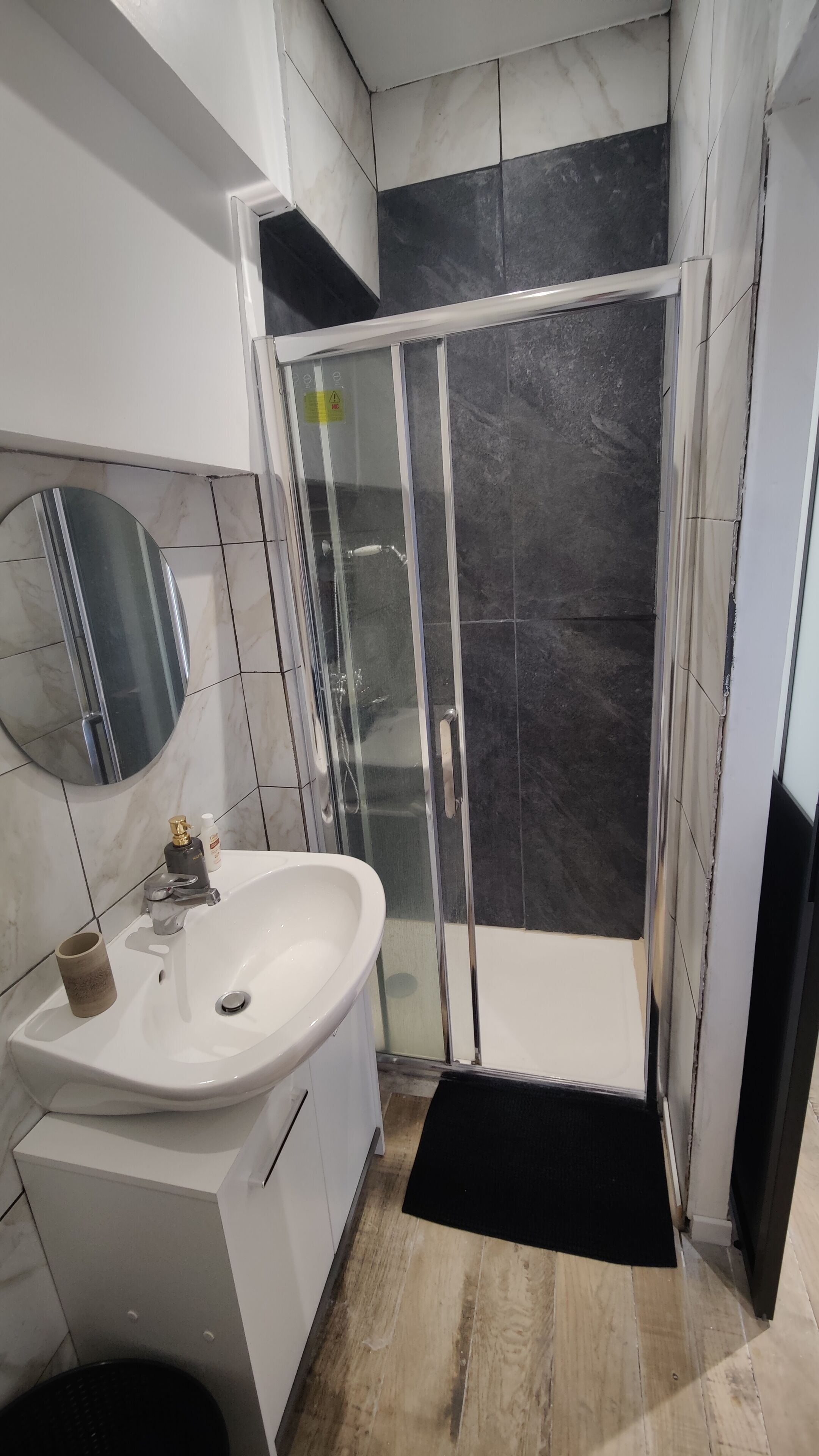 Shower, hair dryer, soap, toilet paper