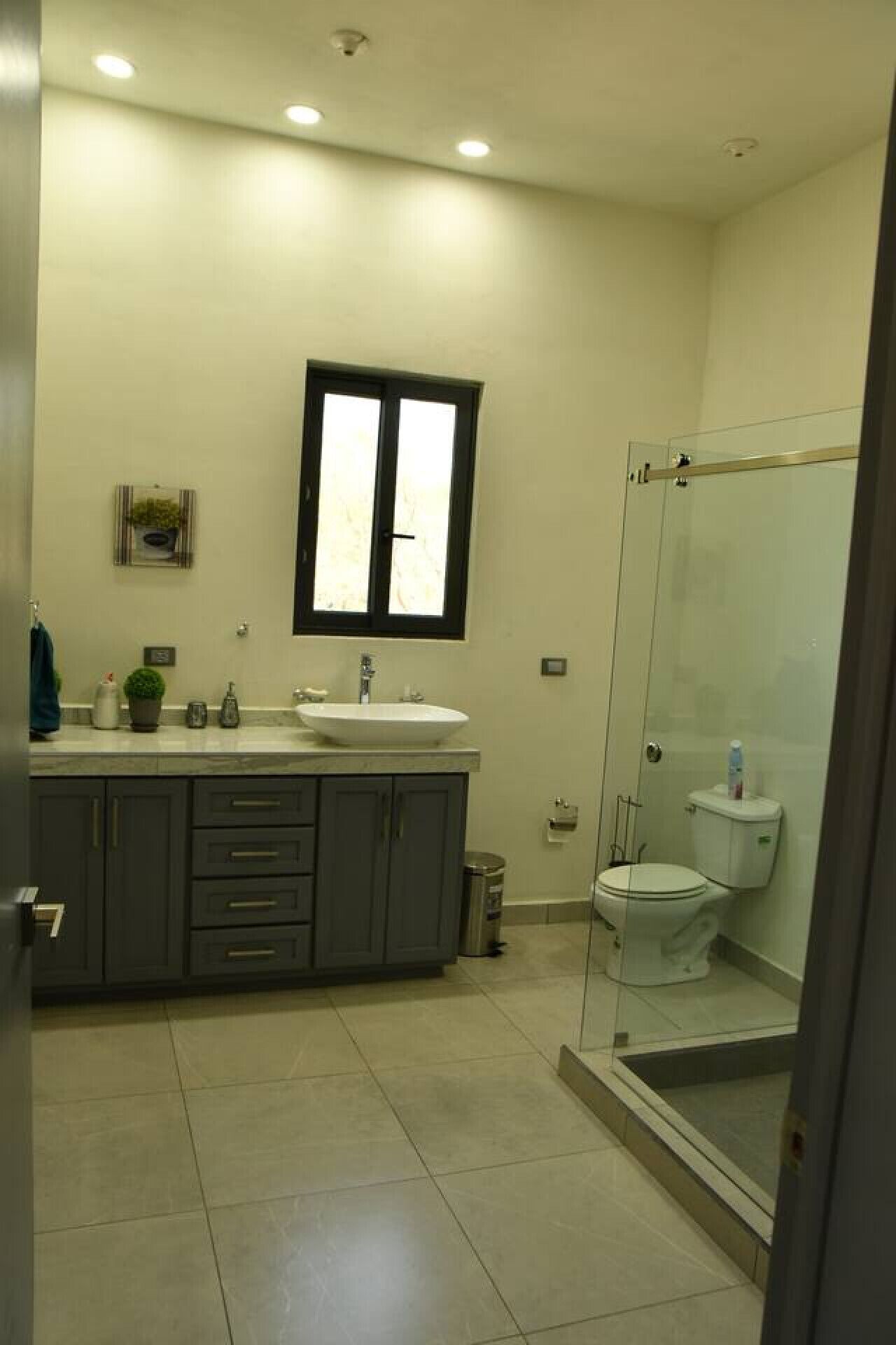 A modern bathroom with a large vanity, a glass shower enclosure, and a toilet.