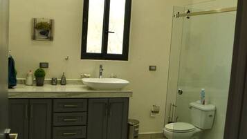 A modern bathroom with a large vanity, a glass shower enclosure, and a toilet.
