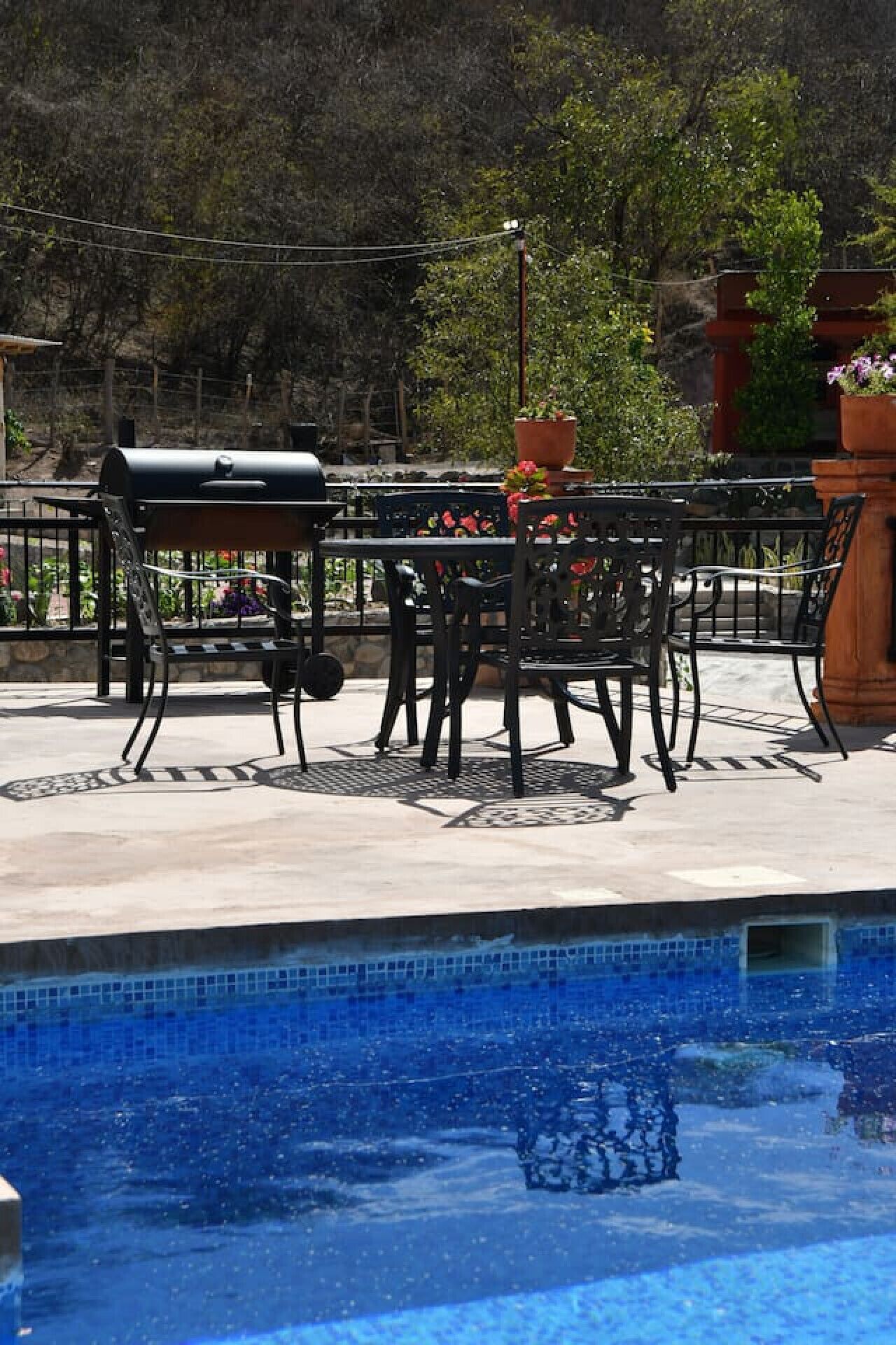 A poolside area with a barbecue grill, outdoor furniture, and potted plants.