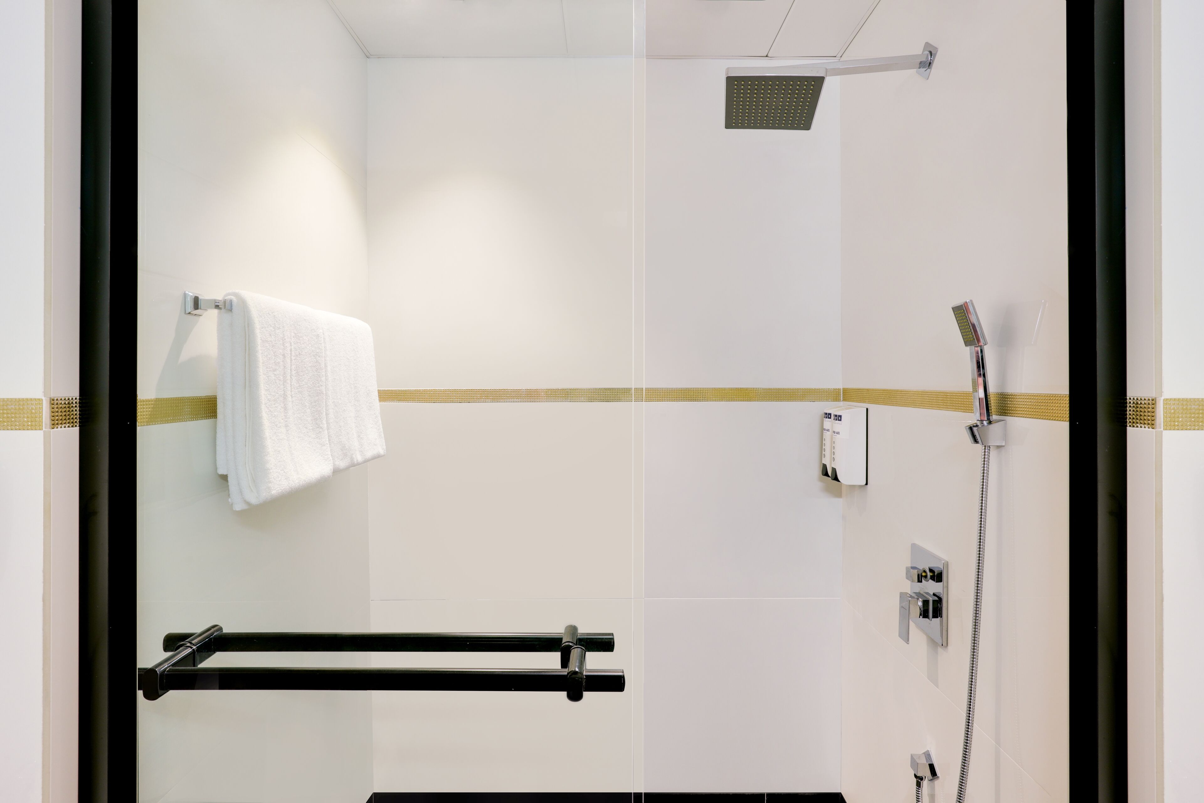 A modern bathroom with a glass shower enclosure, a towel rack, and a handheld showerhead.