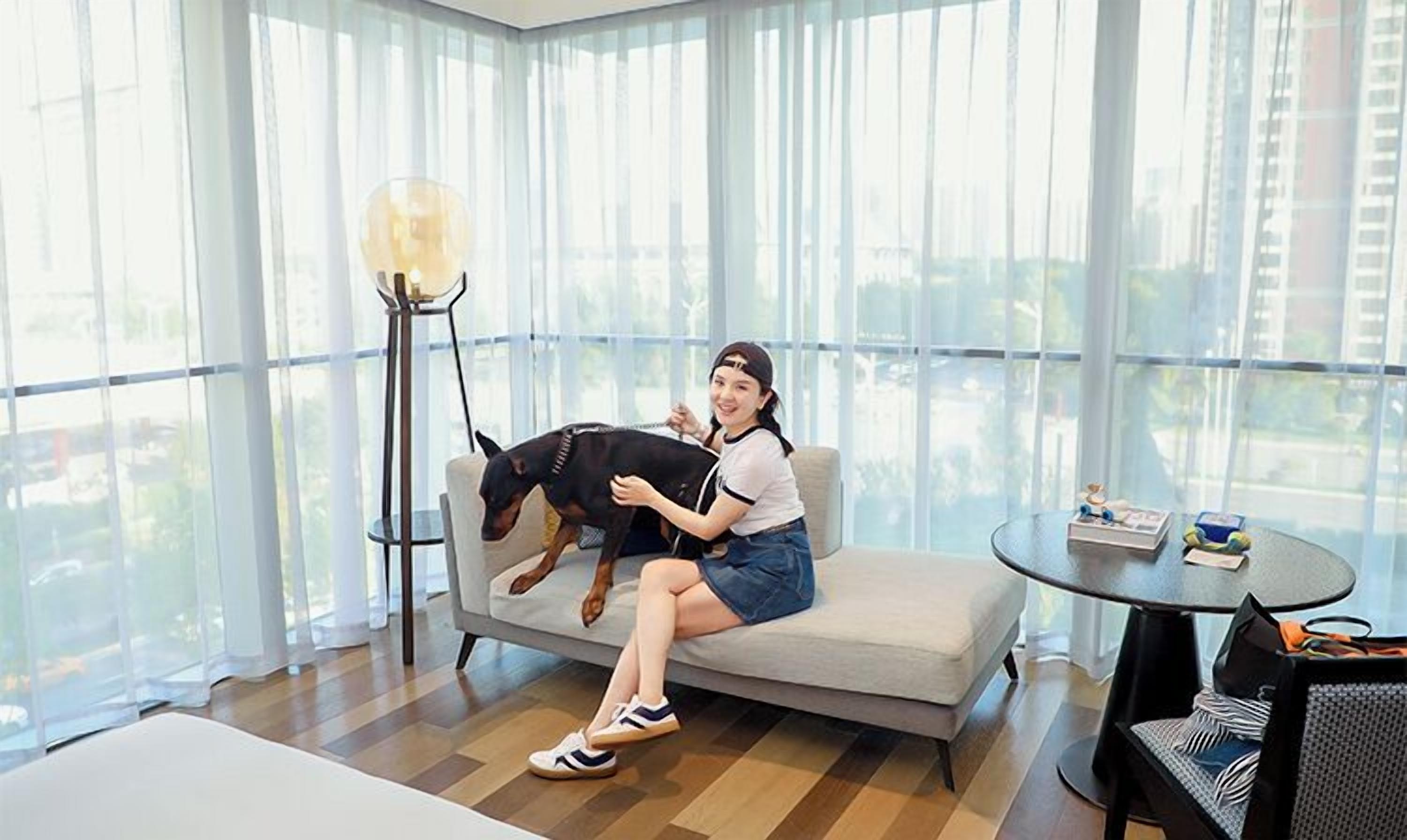 Una persona sentada en un sofá con un perro, una mesa redonda con libros y una lámpara de pie en una habitación con ventanas amplias.