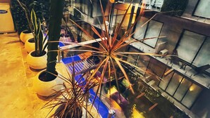 Un interior moderno con plantas en macetas, un banco azul y una barandilla de vidrio con vistas a un jardín.