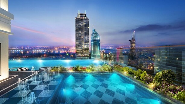 A rooftop pool with a cityscape view, including modern skyscrapers and a distant bridge. - The Rixx Madison (Ho Chi Minh City)
