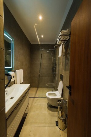 Dusche, Regendusche, Haartrockner, Hausschuhe