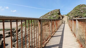 Ein hölzerner Steg mit Metallgeländern, der zu einem Strand mit felsigem Untergrund und spärlicher Vegetation führt.