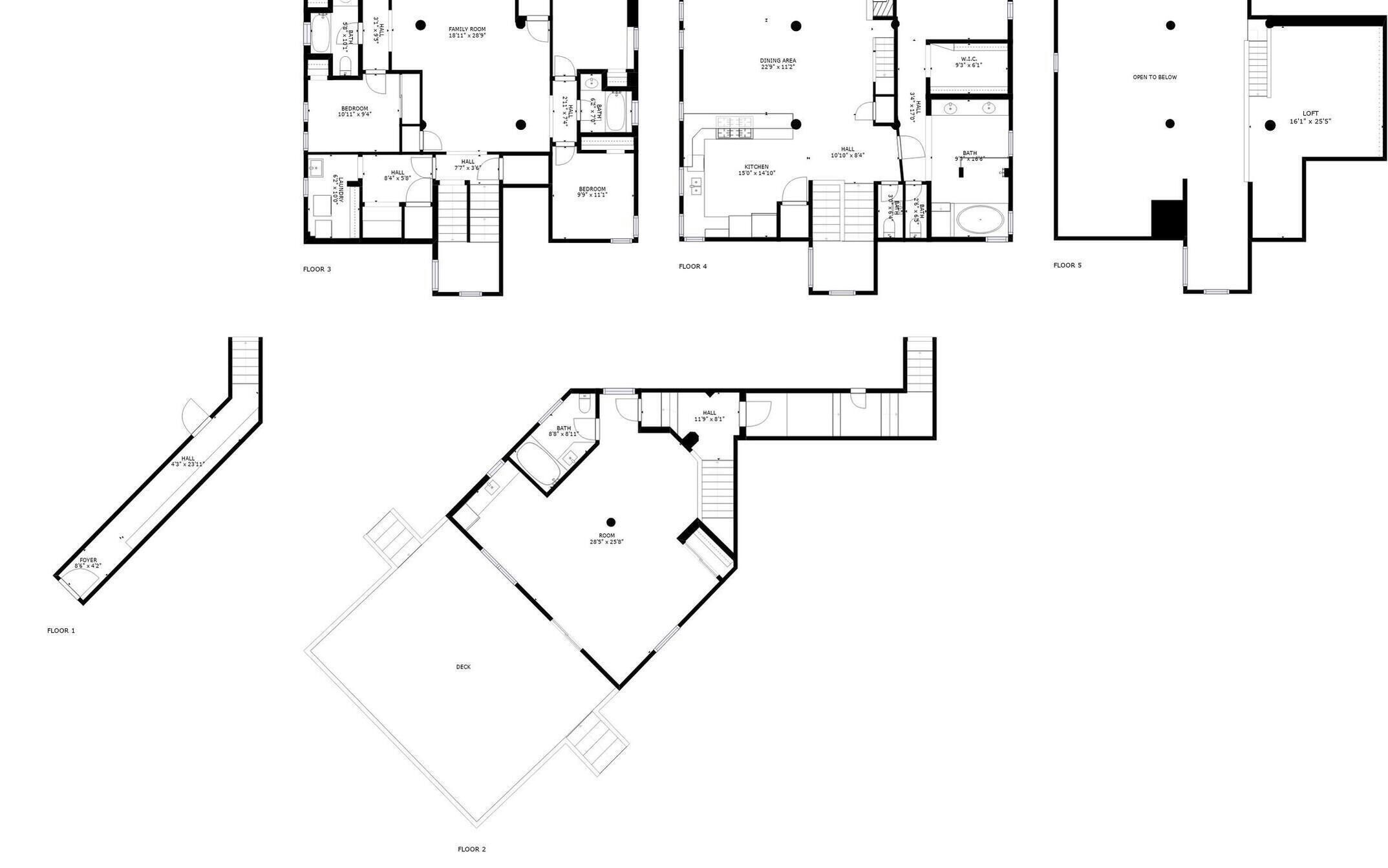 Floor plans of a hotel with multiple floors, including a foyer, bedrooms, a family room, dining area, kitchen, and a loft.