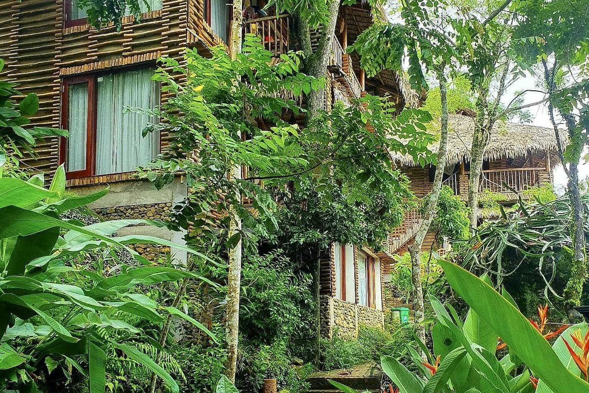 A traditional wooden house with a thatched roof, surrounded by lush greenery and a small stream.