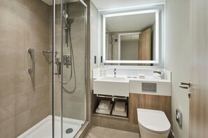 Shower, free toiletries, hair dryer, towels