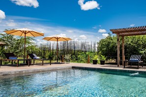 Zona de piscina con sillones de descanso y sombrillas, rodeada de vegetación.