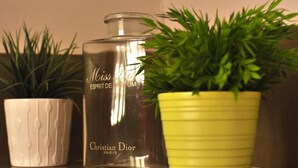 A clear glass bottle labeled "Miss Dior" and a potted plant on a reflective surface. - La Paillère (Mus)