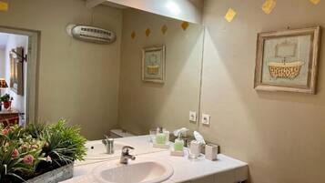 A bathroom with a sink, mirror, and potted plants.