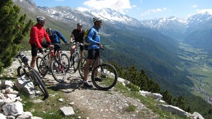 A group of mountain bikers on a rocky path with a mountainous landscape in the background. - Paderlafoderhof Apartment 1, Zentrale Lage mit Garage (Lajen)