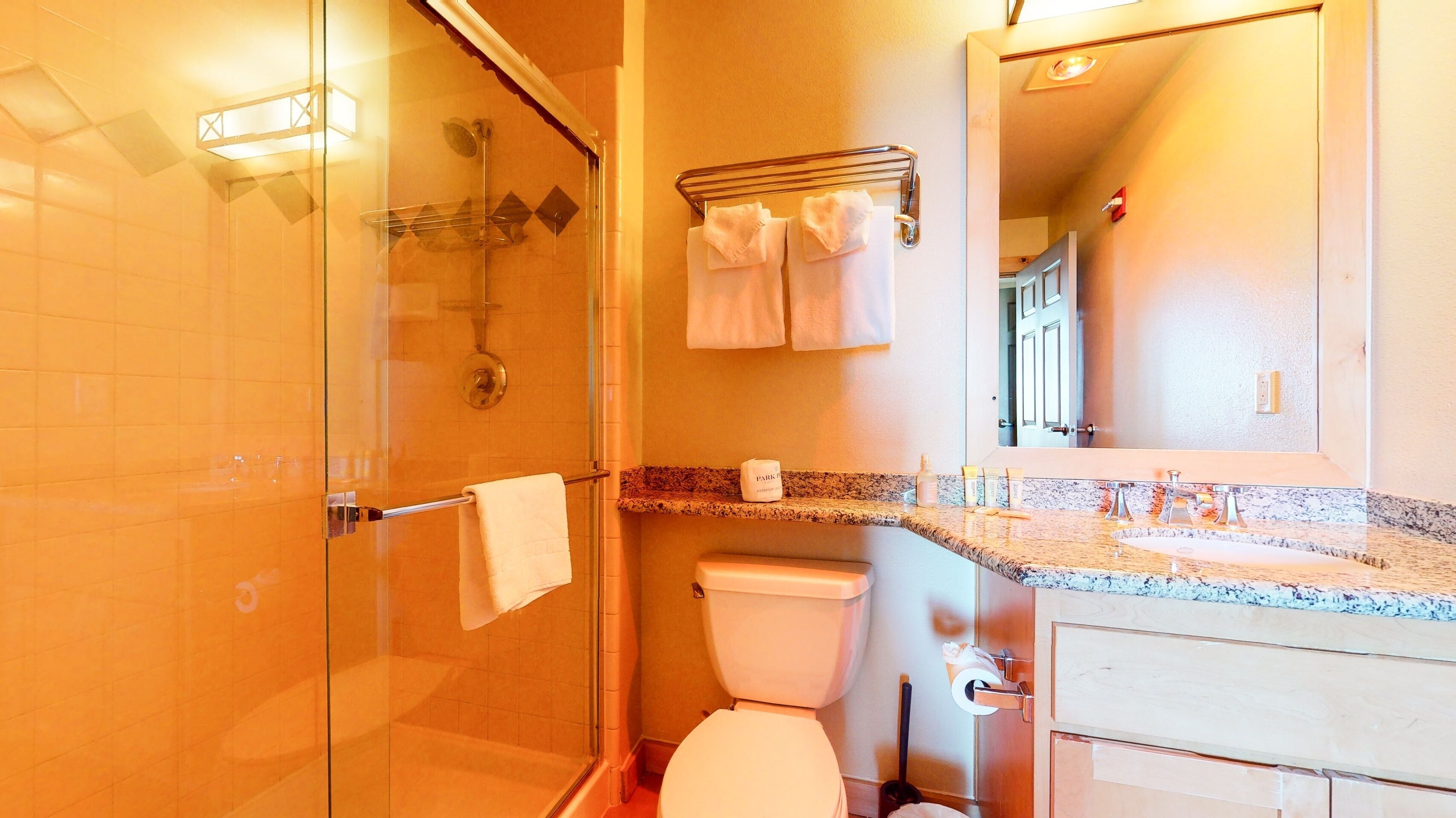 A bathroom with a glass shower enclosure, a toilet, a sink with toiletries, and a mirror.