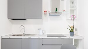A modern kitchen with a built-in sink, a coffee maker, a potted orchid, and a glass shelf with decorative items. - Apt24 - Garibaldi 1 in Desenzano del Garda (Desenzano del Garda)