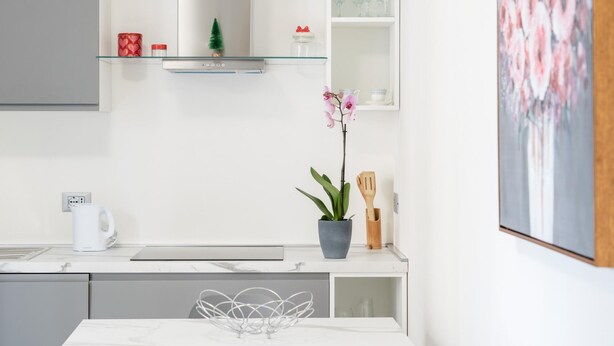 A modern kitchen with a white countertop, a stainless steel range hood, a potted orchid, and a wooden spatula. - Apt24 - Garibaldi 1 in Desenzano del Garda (Desenzano del Garda)