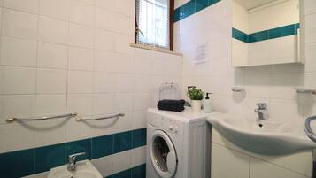 Shower, hair dryer, bidet, towels
