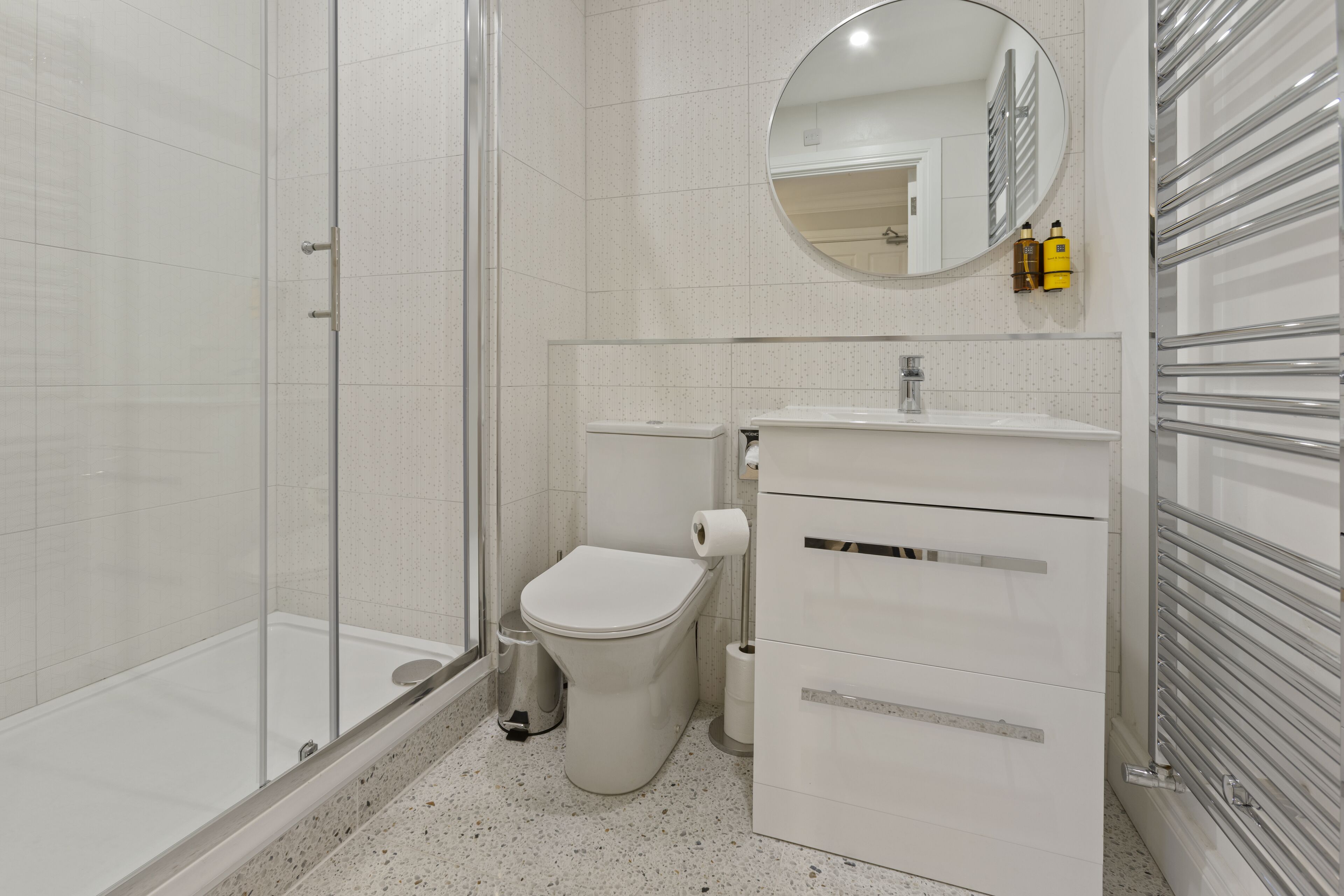 premium apartment | bathroom | shower, rainfall showerhead, designer toiletries, hair dryer