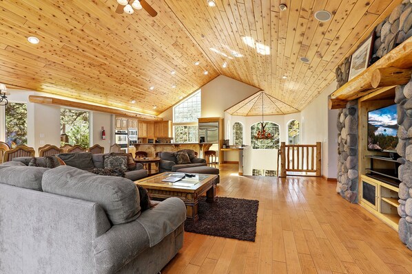 Cabin, Multiple Beds, Patio, Mountain View (The Lodge on Oaxaco) | Living area | 50-inch flat-screen TV with digital channels, fireplace - The Lodge on Oaxaco - Epic Man Cave / Billiard Room (South Lake Tahoe)