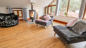 A cozy living room with a wood-burning stove, two sofas, and a large window offering a view of the outdoors. - Monkleigh Mill (Bideford)