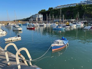 Boats docked in a tranquil marina near a building with large windows and a flat roof.
