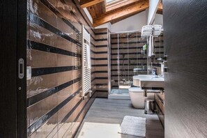 Shower, hair dryer, towels
