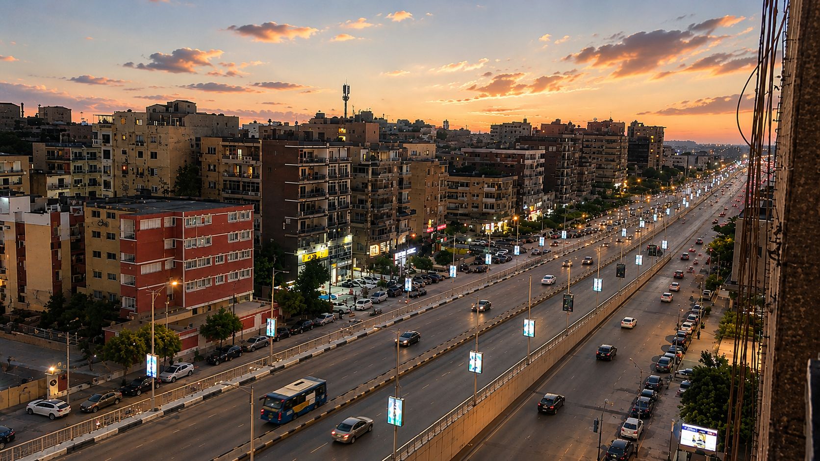 Une autoroute à plusieurs voies, bordée de véhicules, entourée d’immeubles de grande hauteur et d’éclairage public.