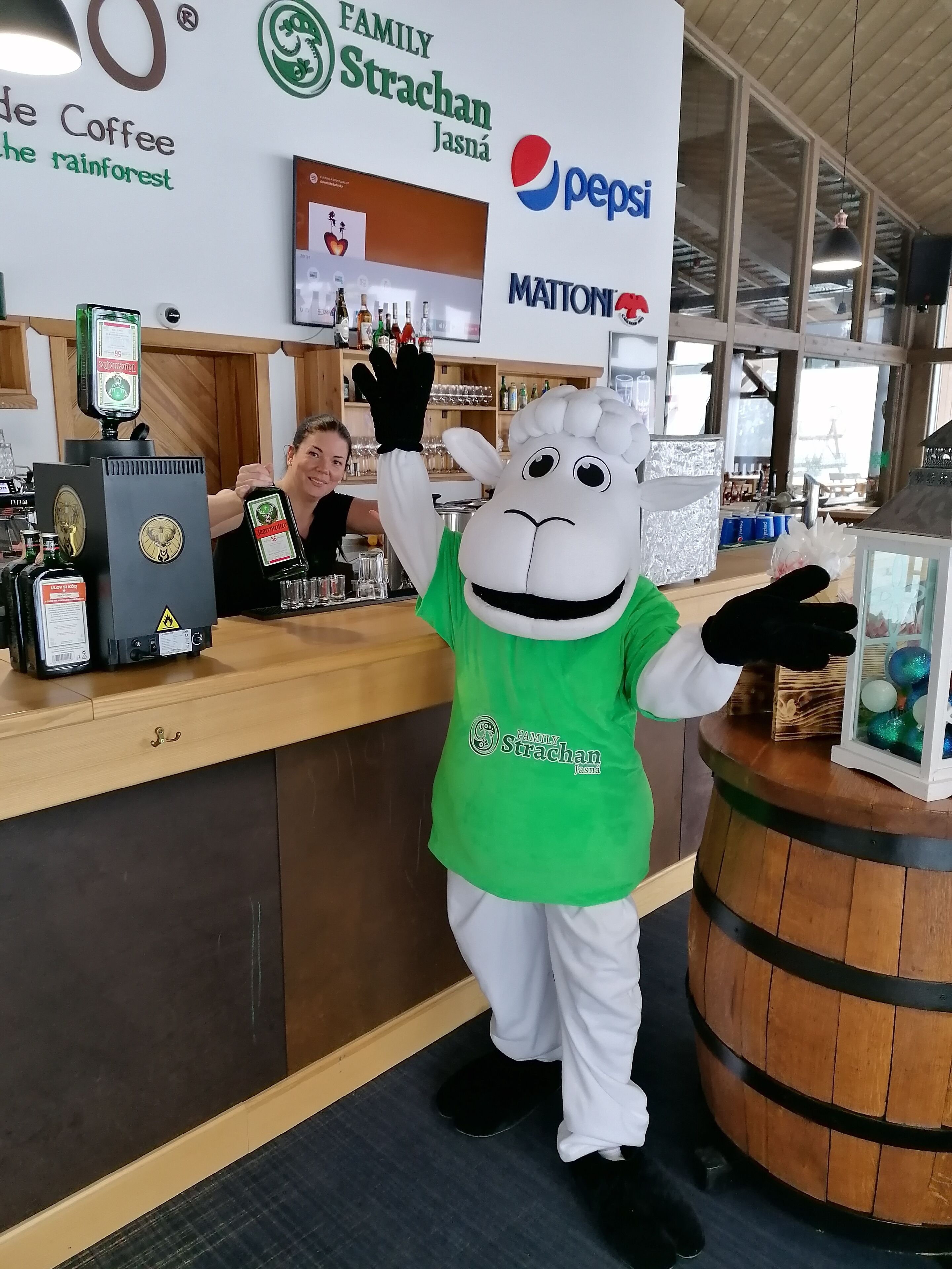 A mascot in a green apron at a counter with a Pepsi sign, a mattoni logo, and a family strachan jasná sign.