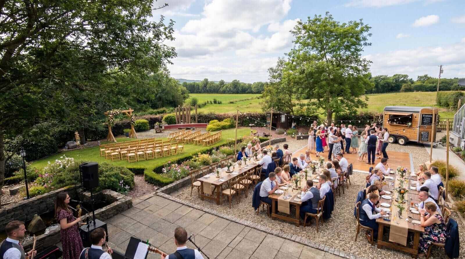 An outdoor wedding reception with guests seated at tables, a band performing, and a decorated archway.