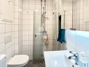 Hair dryer, towels, soap, shampoo