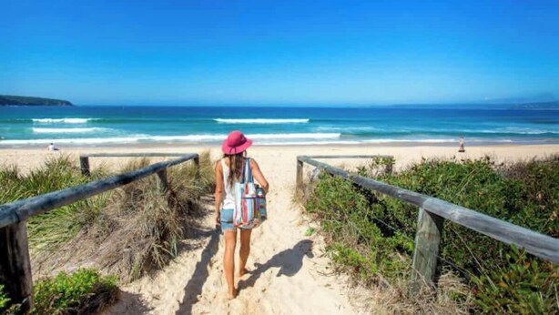 A beach path leading to the ocean with a person walking.