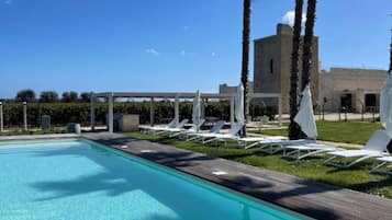 Sæsonbestemt udendørs pool, åben fra kl. 09.00 til kl. 20.00, parasoller