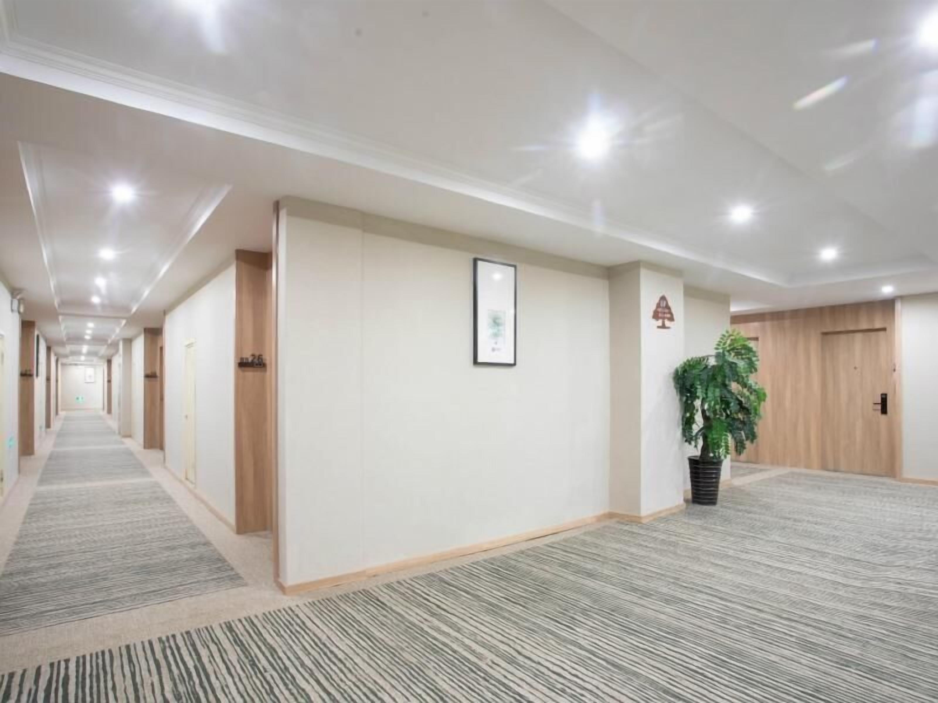 A long, narrow hotel corridor with a carpeted floor, wooden doors, and a framed picture on the wall.