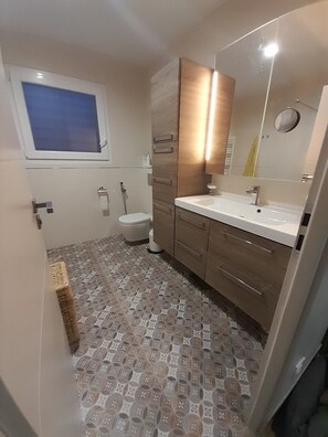 Shower, towels, toilet paper