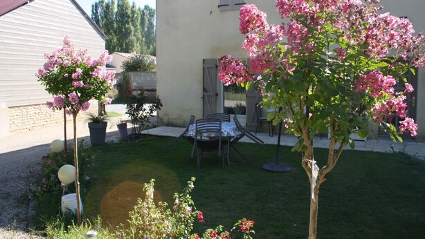 Un cortile con prato, tavolo da pranzo con sedie, un piccolo albero con fiori rosa e un edificio con finestra e persiane.