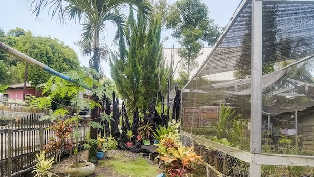 Een tuin met een bord waarop 