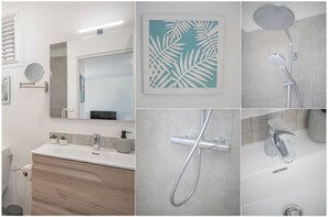 Shower, hair dryer, towels