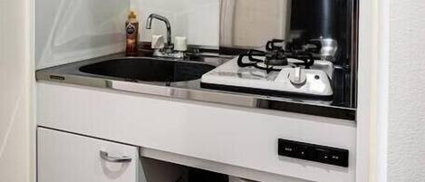 Kühlschrank, Mikrowelle, Herdplatte, Kochgeschirr/Geschirr/Besteck