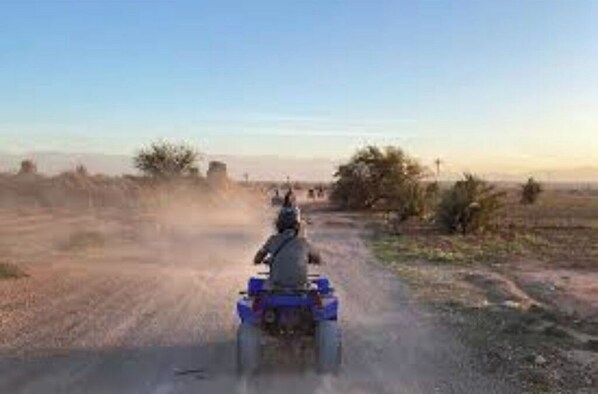 A person riding a blue ATV on a dirt road.