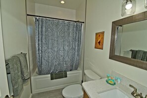 Hair dryer, towels, soap, shampoo