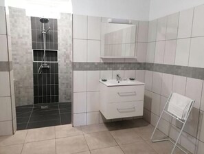 Douche, serviettes fournies, papier toilette