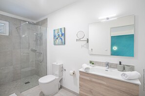 Shower, hair dryer, towels