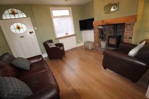 Smart TV, fireplace, books