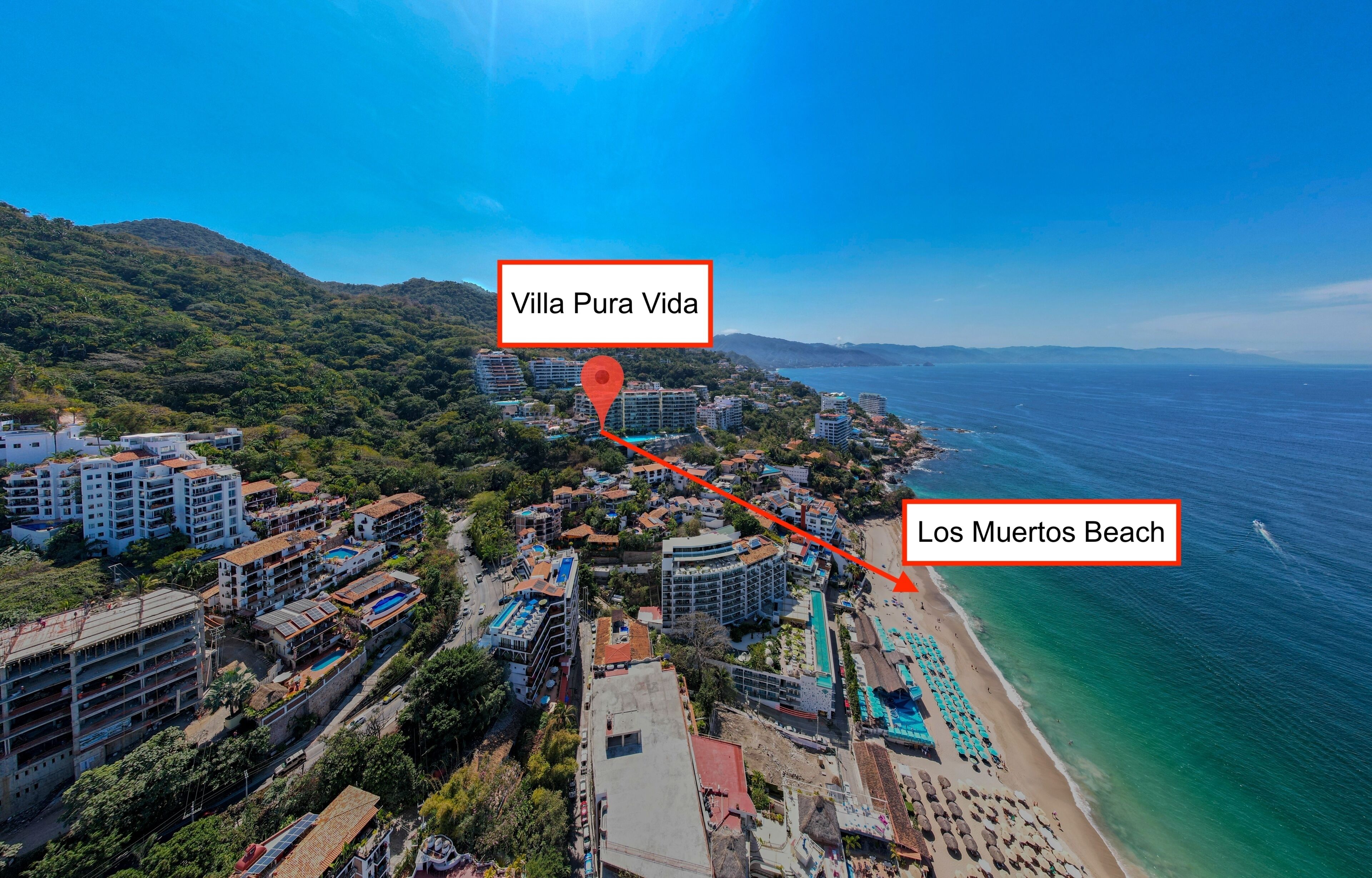 Drone shot showing the Villa location & only 7 min walk to the beach!