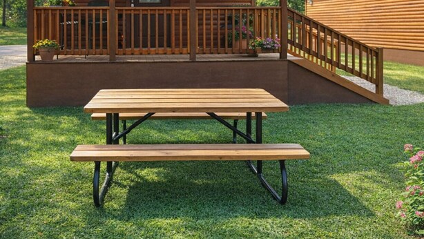 Een houten blokhut met een overdekte veranda, een picknicktafel en een kleine tuin.